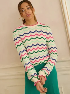 Crème Rayure ondulée multicolore - Pull Love & Roses en maille à col volanté