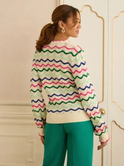 Crème Rayure ondulée multicolore - Pull Love & Roses en maille à col volanté