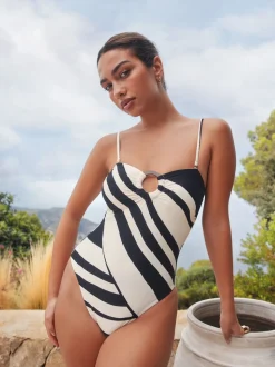 Crème/noir à rayures - Maillot de bain bandeau à contrôle du ventre