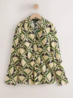 Crème/Vert imprimé géométrique - Chemise à col en V en Blend Lyocell