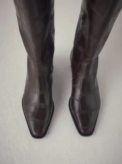 Croco Marron chocolat en relief - Bottes Forever Comfort® hauteur genou à bout pointu