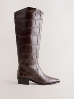 Croco Marron chocolat en relief - Bottes Forever Comfort® hauteur genou à bout pointu