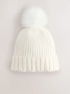 écru - Bonnet à pompon en maille côtelée