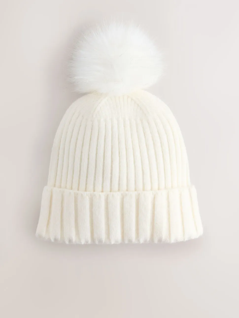 écru - Bonnet à pompon en maille côtelée