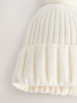 écru - Bonnet à pompon en maille côtelée