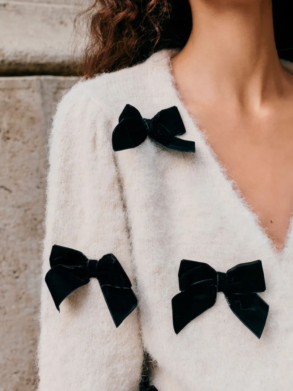 écru - Cardigan à nœud en velours tricoté avec laine