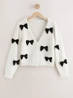 écru - Cardigan à nœud en velours tricoté avec laine