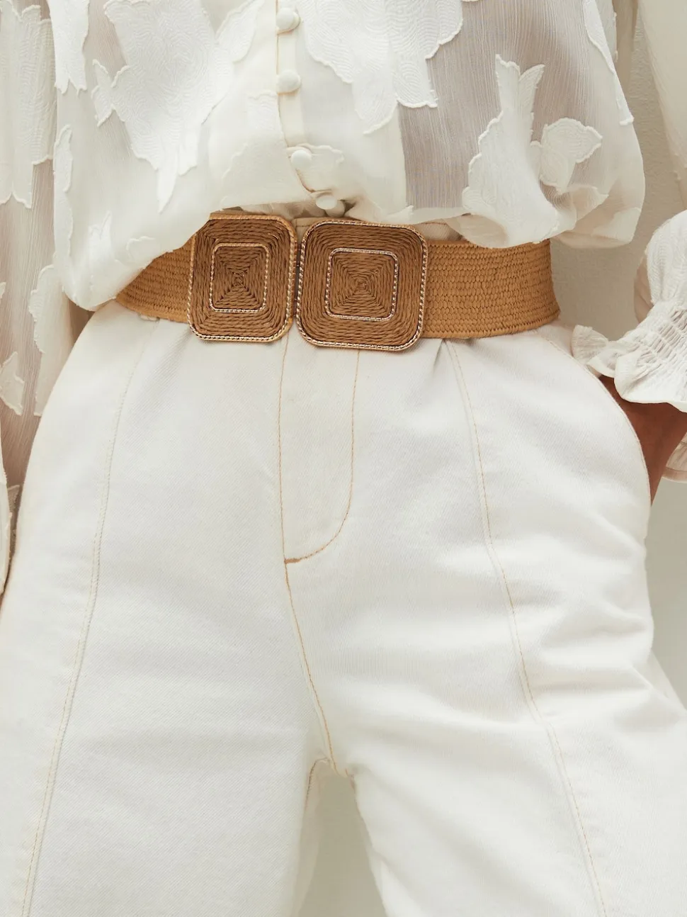 Écru - Ceinture large effet raphia à boucle carrée