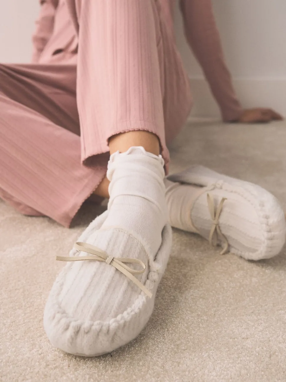 écru - Chaussons mocassins en maille Torsade