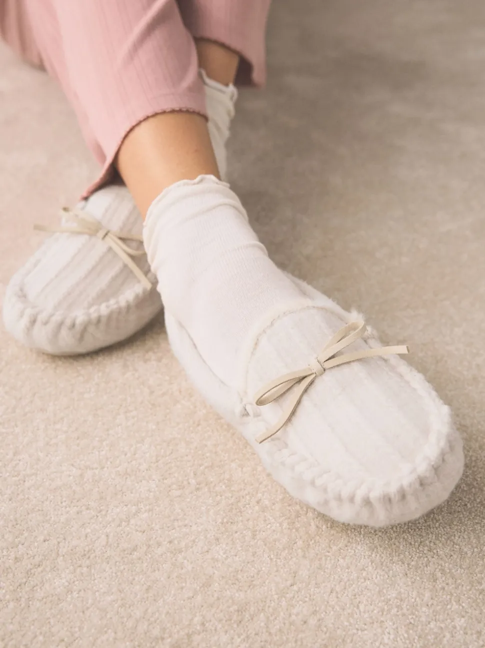 écru - Chaussons mocassins en maille Torsade