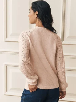 Écru - Laura Ashley Pull col rond en maille pointelle à bord festonné