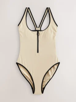 écru - Maillot de bain avec fermeture éclair et contrôle du ventre