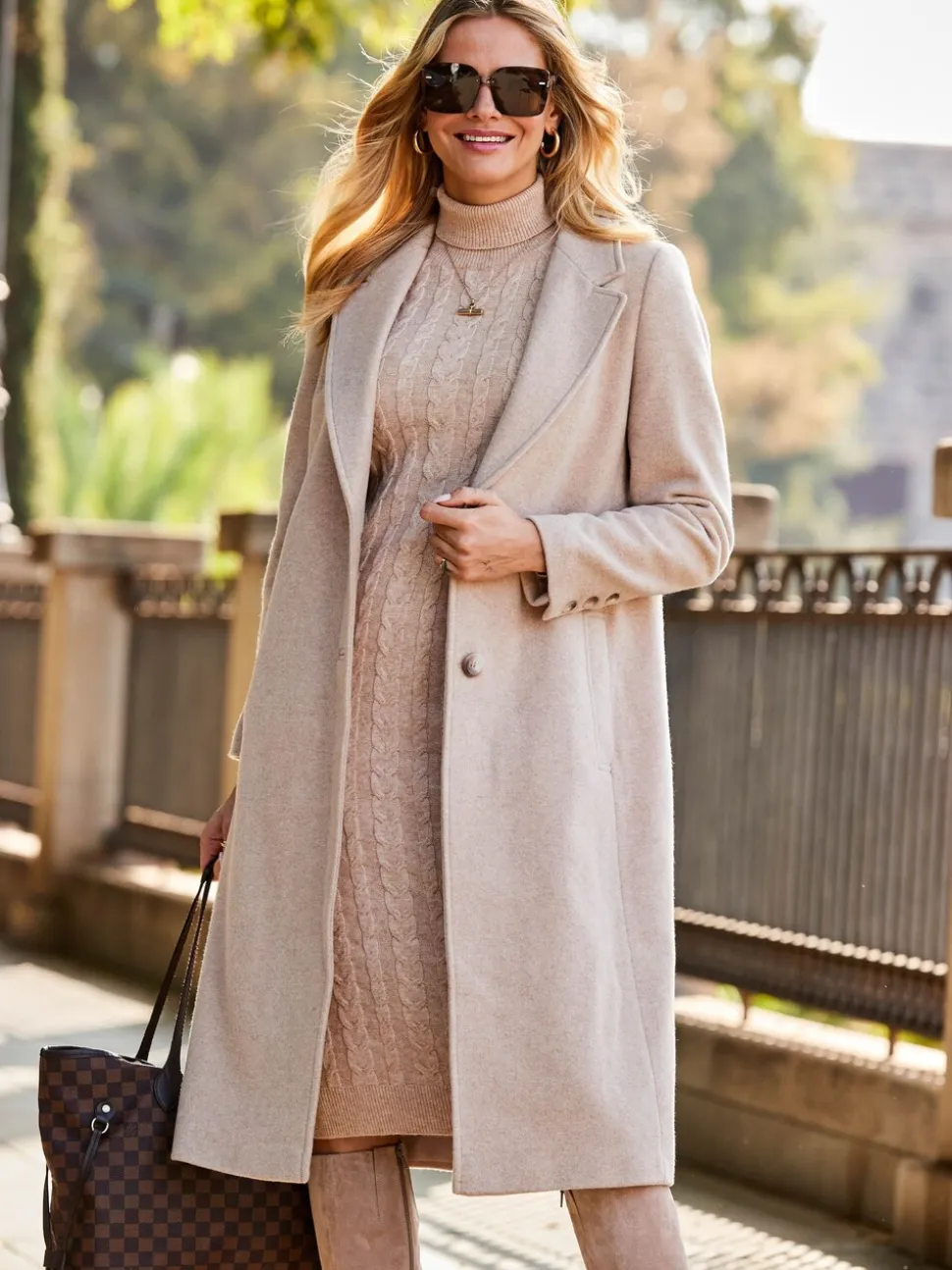 Écru - Manteau Sosandar Premium long en laine mélangée