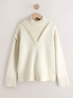 écru - Pull double épaisseur en Coton et laine Blend