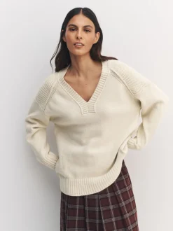 écru - Pull long à col en V en coton et laine mélangés