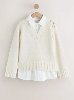 écru - Pulls look superposé en maille à col en V avec chemise