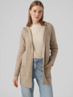 Écru - VERO MODA Cardigan long en maille à capuche