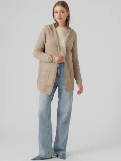 Écru - VERO MODA Cardigan long en maille à capuche