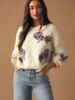 Écru/Violet Fleuri - Pull ras du cou avec laine
