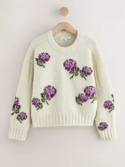 Écru/Violet Fleuri - Pull ras du cou avec laine