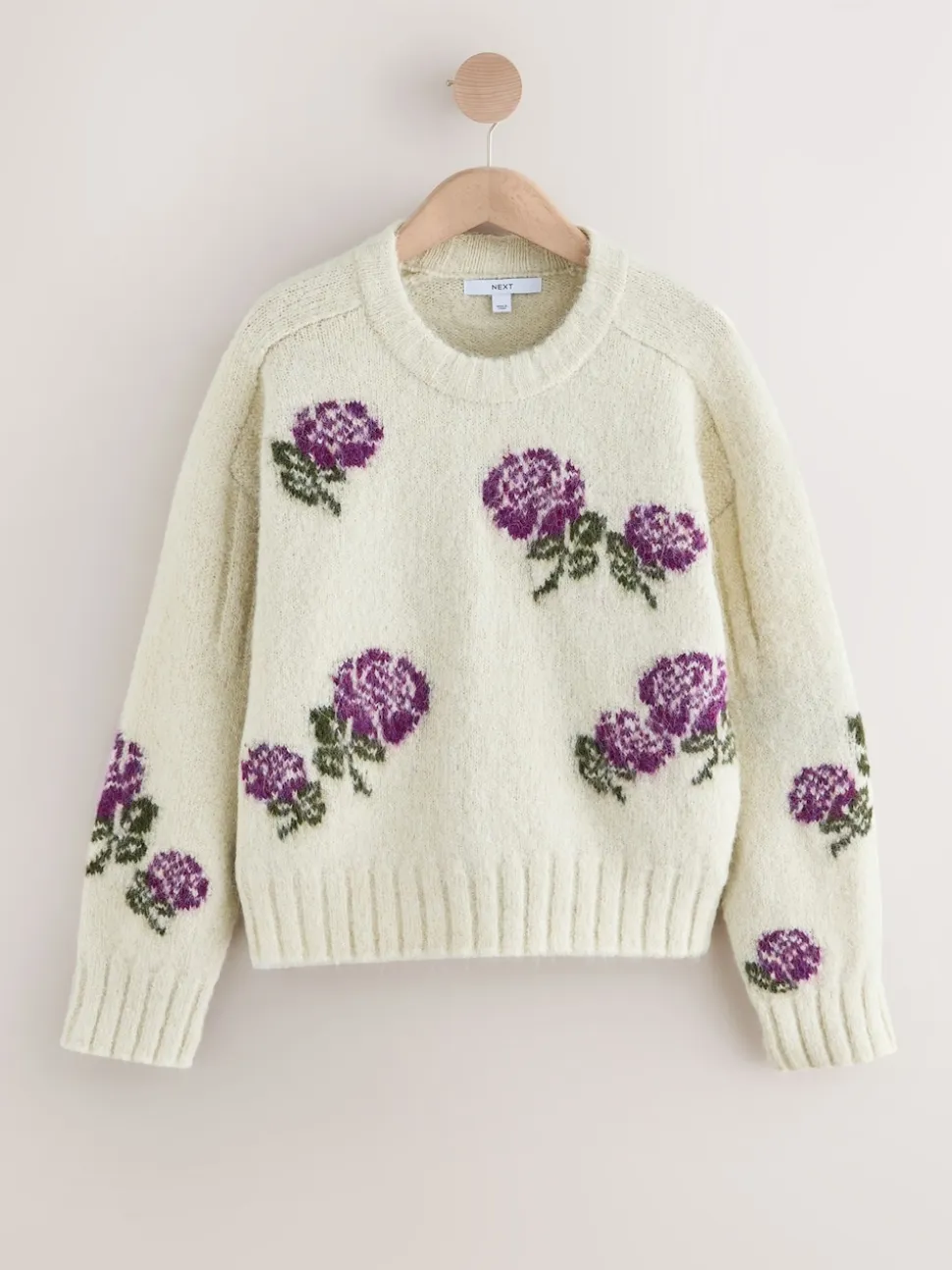 Écru/Violet Fleuri - Pull ras du cou avec laine