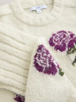Écru/Violet Fleuri - Pull ras du cou avec laine