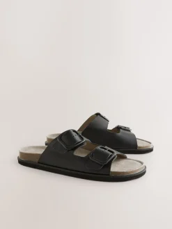 Cuir noir - Sandales à double bride avec semelle plantaire