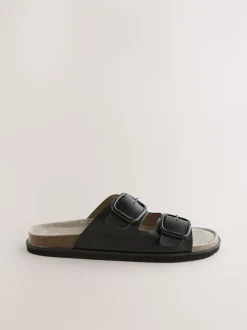 Cuir noir - Sandales à double bride avec semelle plantaire