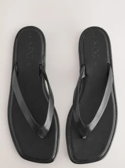 Cuir noir - Sandales à entredoigt carré