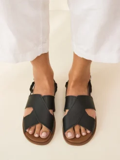 Cuir noir - Sandales surpiquées à bride arrière