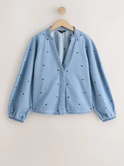 Cœur Bleu bleu marine - Chemisier en denim à manche bouffante et col en V brodé cœur