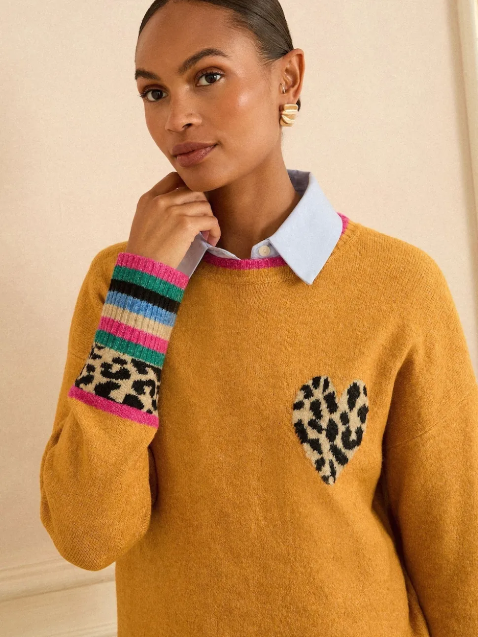 Cœur Jaune Imprimé animal - Love & Roses Col rond Cosy Pull