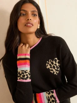 Cœur Noir Imprimé animal - Love & Roses Col rond Cosy Pull