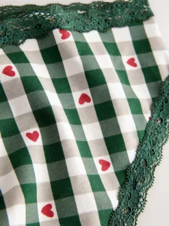 Cœur rouge/vert à carreaux - Lot de 4 culottes en coton et dentelle