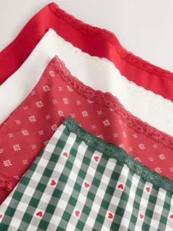 Cœur rouge/vert à carreaux - Lot de 4 culottes en coton et dentelle