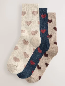 Cœurs bleu marine/baie - Laine thermale Blend Chaussettes de cheville 3 Lot avec soie
