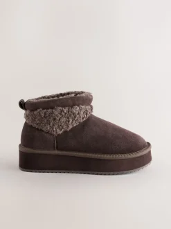 Daim marron chocolat - Bottes à plateforme en fausse fourrure en peau de mouton