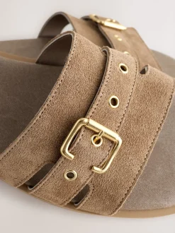 Daim Taupe neutre - Sandales mules à boucle