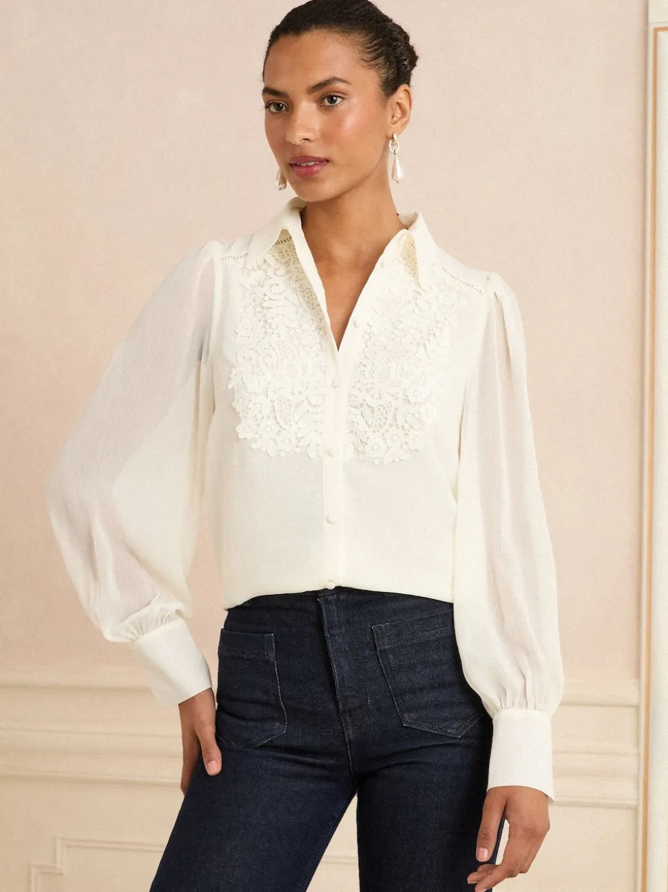 Dentelle écrue blanche - Chemise Love & Roses Centre à manches longues