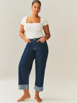 Délavage bleu - Jean retroussé Boyfriend Hourglass Jambe large taille mi-haute