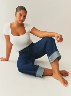 Délavage bleu - Jean retroussé Boyfriend Hourglass Jambe large taille mi-haute