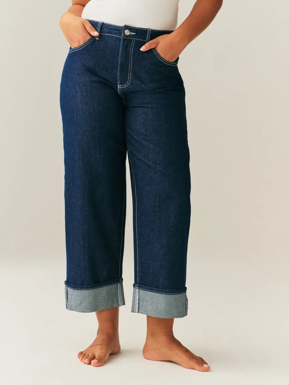 Délavage bleu - Jean retroussé Boyfriend Hourglass Jambe large taille mi-haute