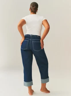 Délavage bleu - Jean retroussé Boyfriend Hourglass Jambe large taille mi-haute