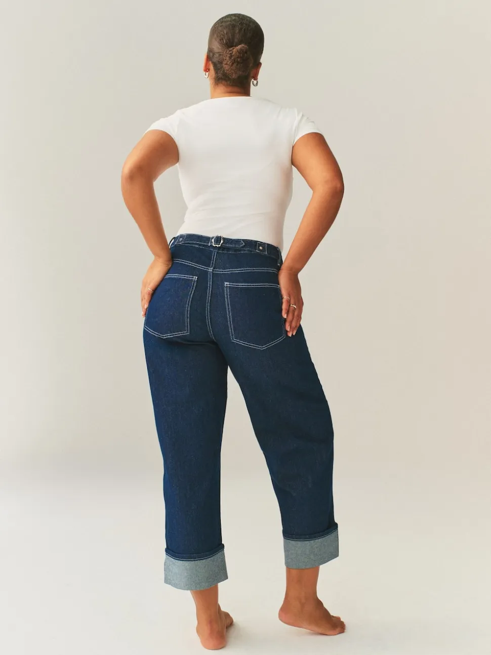 Délavage bleu - Jean retroussé Boyfriend Hourglass Jambe large taille mi-haute