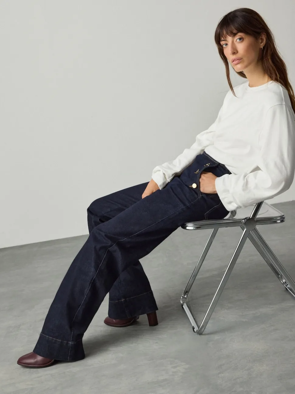 Délavage bleu - Jeans Ample Or à boutons sur le devant