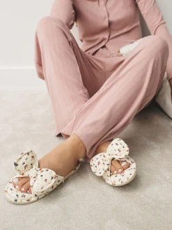 Ecru Floral - Chaussons à glissière avec nœud