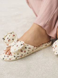Ecru Floral - Chaussons à glissière avec nœud