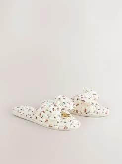 Ecru Floral - Chaussons à glissière avec nœud