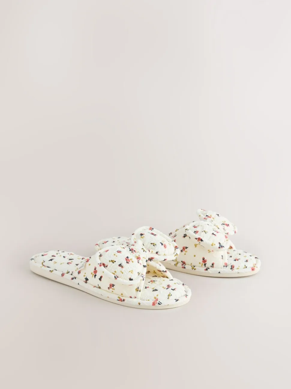Ecru Floral - Chaussons à glissière avec nœud