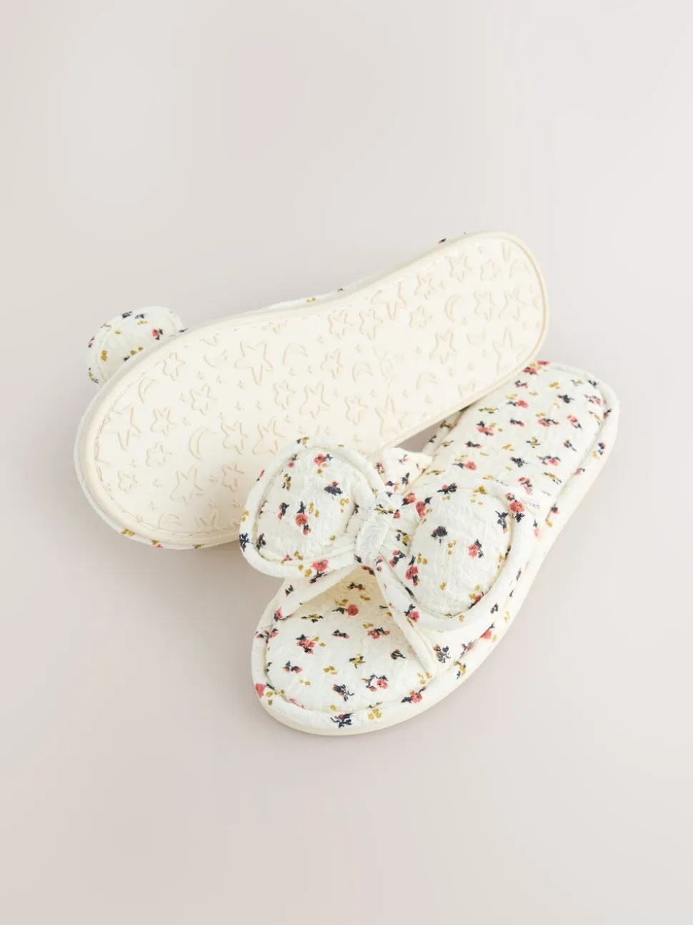 Ecru Floral - Chaussons à glissière avec nœud